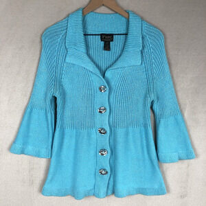 VTG PURE HANDKNIT Cardigan S/M Blue Big Jewel‎ Buttons Chunky Sweater 3/4 Sleeve